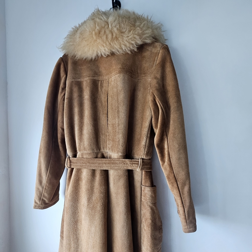 Vintage Genuine Suede Leather Tan Belted Pleated Pockets Pennylane Coat - Picture 8 of 16